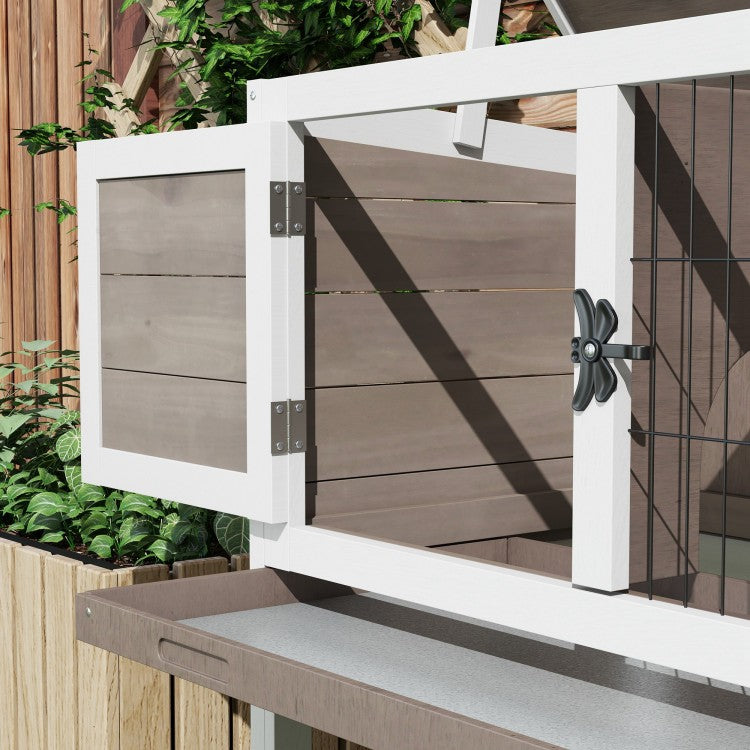 Pawhut Elevated Wooden Rabbit Hutch, Indoor Outdoor Bunny Cage With Hinged Asphalt Roof And Removable Tray For Single, Dwarf, Or Guinea Pig, Brown