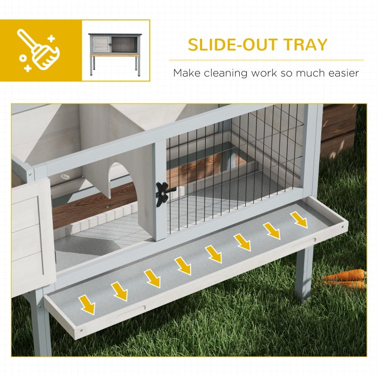 Pawhut Elevated Wooden Rabbit Hutch, Indoor Outdoor Bunny Cage With Hinged Asphalt Roof And Removable Tray For Guinea Pig, Gray