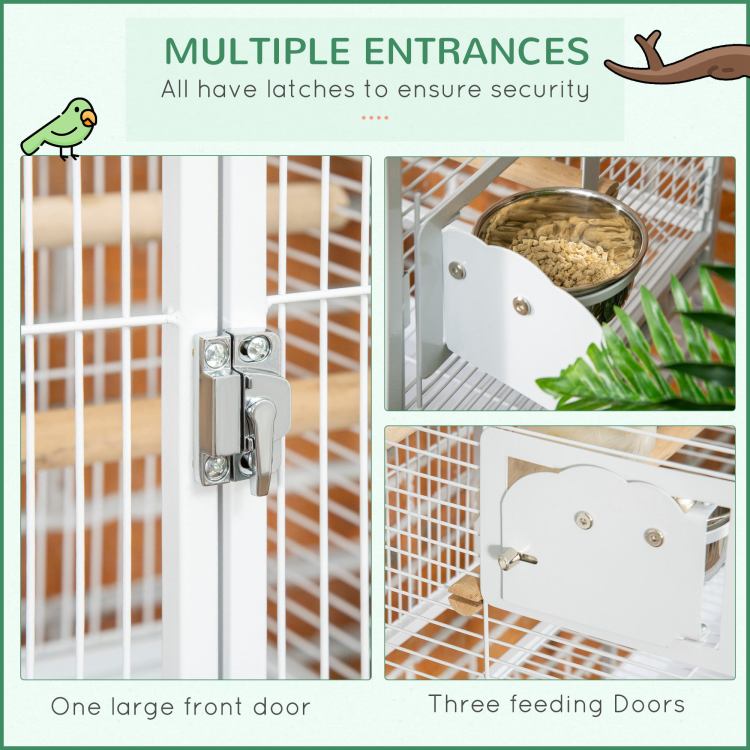 Pawhut 55" Large Parrot Cage With Toy Hooks Above Top Bird Perch, Tray, Food Cups, Rolling Stand, Bird Cage For Cockatiels, Parakeets, Lovebirds