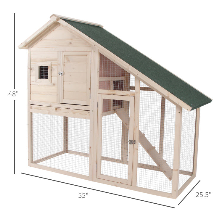 Pawhut 55"L 2 Tier Wooden Rabbit Hutch Bunny Cage Small Animal House With Ramp, Waterproof Roof, Removable Tray And Outdoor Run