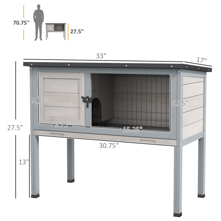 Pawhut Elevated Wooden Rabbit Hutch, Indoor Outdoor Bunny Cage With Hinged Asphalt Roof And Removable Tray For Guinea Pig, Gray