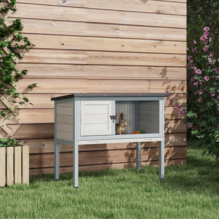 Pawhut Elevated Wooden Rabbit Hutch, Indoor Outdoor Bunny Cage With Hinged Asphalt Roof And Removable Tray For Guinea Pig, Gray