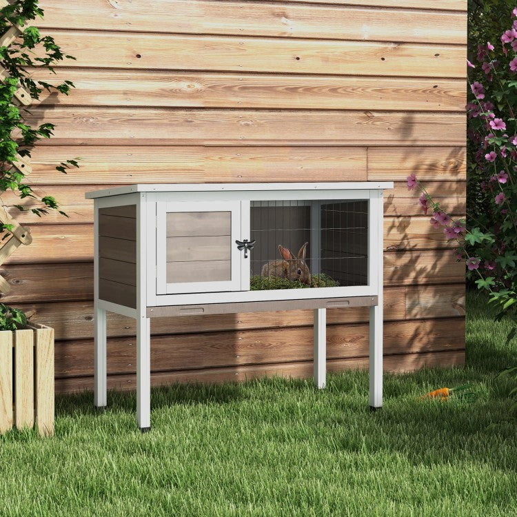 Pawhut Elevated Wooden Rabbit Hutch, Indoor Outdoor Bunny Cage With Hinged Asphalt Roof And Removable Tray For Single, Dwarf, Or Guinea Pig, Brown