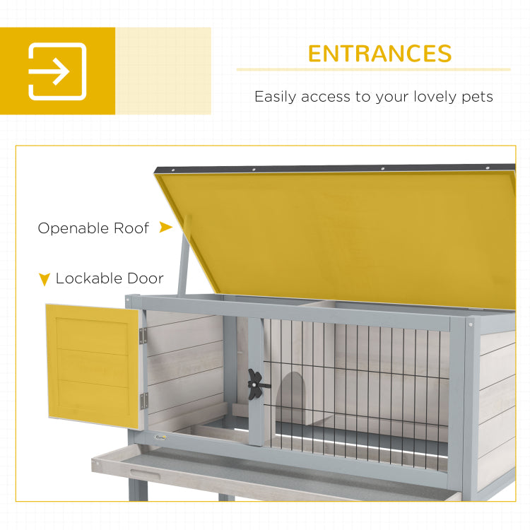 Pawhut Elevated Wooden Rabbit Hutch, Indoor Outdoor Bunny Cage With Hinged Asphalt Roof And Removable Tray For Guinea Pig, Gray