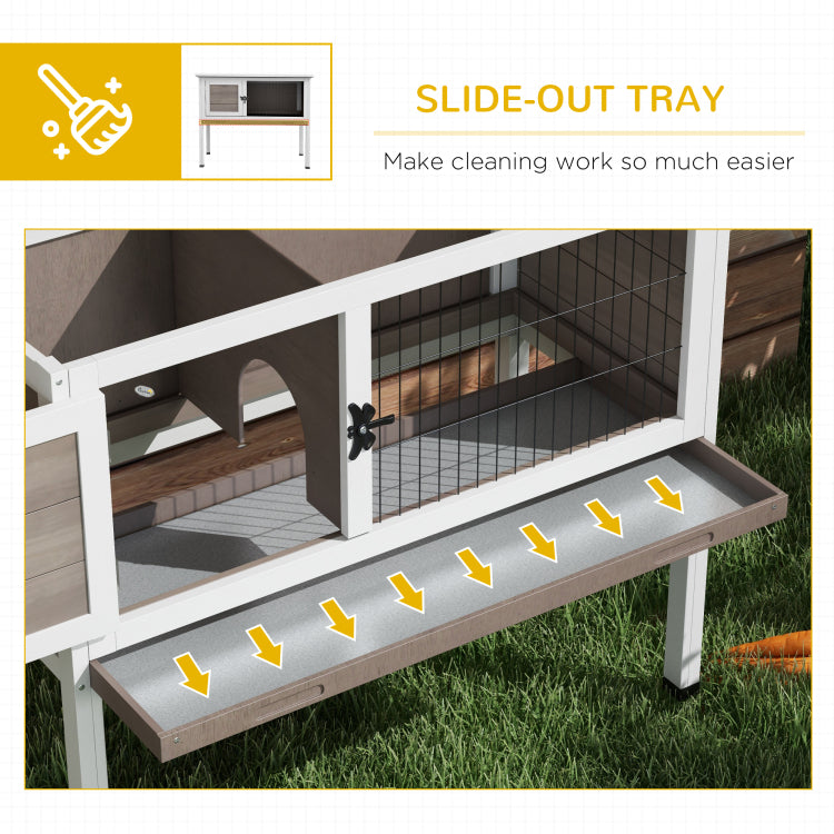 Pawhut Elevated Wooden Rabbit Hutch, Indoor Outdoor Bunny Cage With Hinged Asphalt Roof And Removable Tray For Single, Dwarf, Or Guinea Pig, Brown
