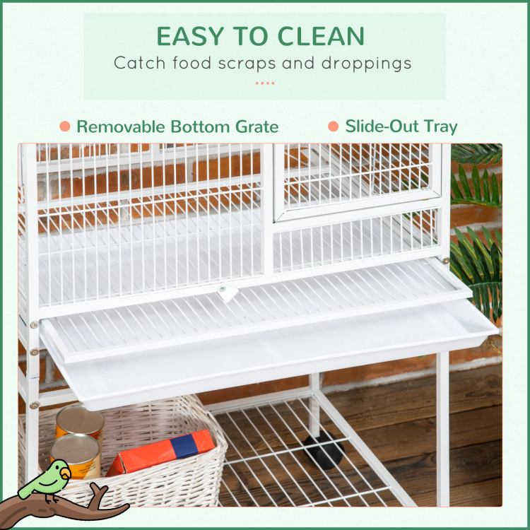 Pawhut 55" Large Parrot Cage With Toy Hooks Above Top Bird Perch, Tray, Food Cups, Rolling Stand, Bird Cage For Cockatiels, Parakeets, Lovebirds