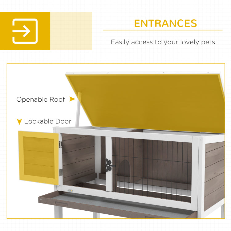 Pawhut Elevated Wooden Rabbit Hutch, Indoor Outdoor Bunny Cage With Hinged Asphalt Roof And Removable Tray For Single, Dwarf, Or Guinea Pig, Brown