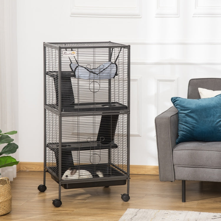 Pawhut Metal Small Animal Cage Rolling Big Ferret Cage, Chinchilla Cage, Sugar Glider Cage, With Hammock & 4 Tiers, Removable Tray, Gray