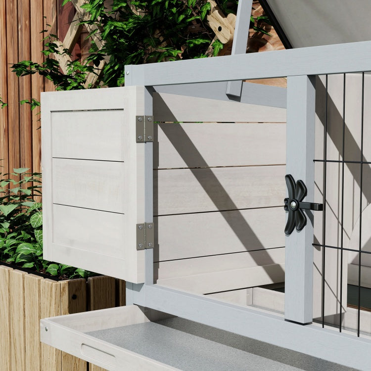 Pawhut Elevated Wooden Rabbit Hutch, Indoor Outdoor Bunny Cage With Hinged Asphalt Roof And Removable Tray For Guinea Pig, Gray