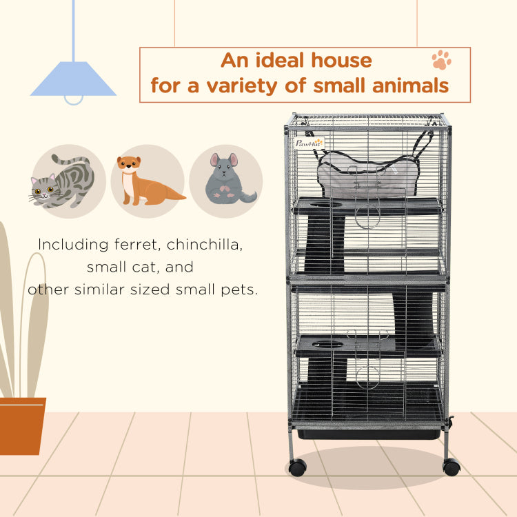Pawhut Metal Small Animal Cage Rolling Big Ferret Cage, Chinchilla Cage, Sugar Glider Cage, With Hammock & 4 Tiers, Removable Tray, Gray
