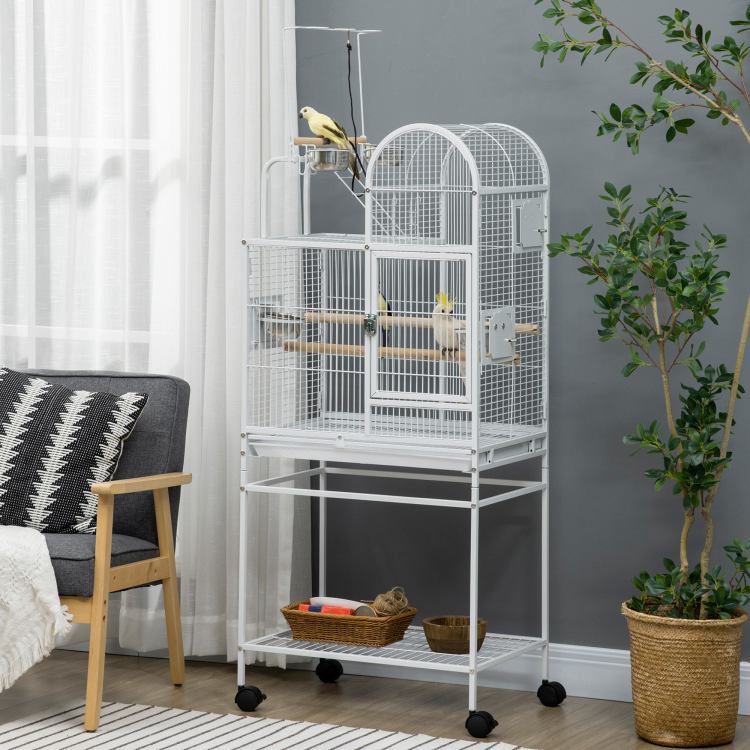 Pawhut 55" Large Parrot Cage With Toy Hooks Above Top Bird Perch, Tray, Food Cups, Rolling Stand, Bird Cage For Cockatiels, Parakeets, Lovebirds