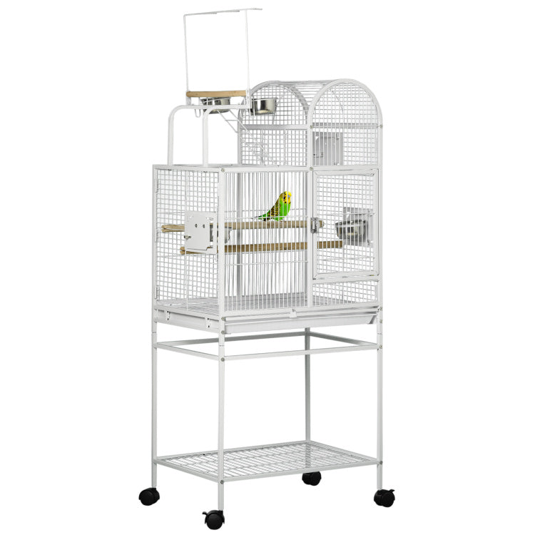 Pawhut 55" Large Parrot Cage With Toy Hooks Above Top Bird Perch, Tray, Food Cups, Rolling Stand, Bird Cage For Cockatiels, Parakeets, Lovebirds