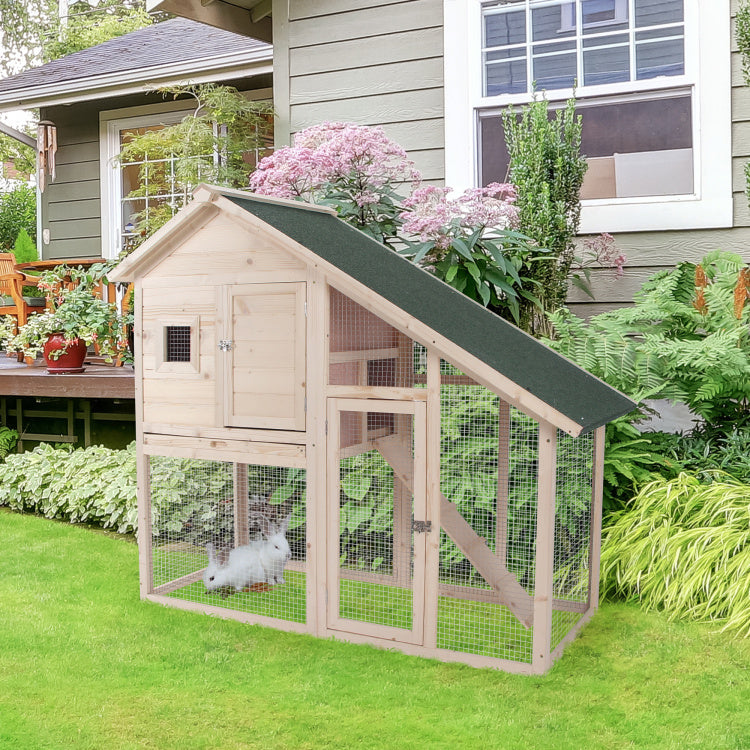 Pawhut 55"L 2 Tier Wooden Rabbit Hutch Bunny Cage Small Animal House With Ramp, Waterproof Roof, Removable Tray And Outdoor Run