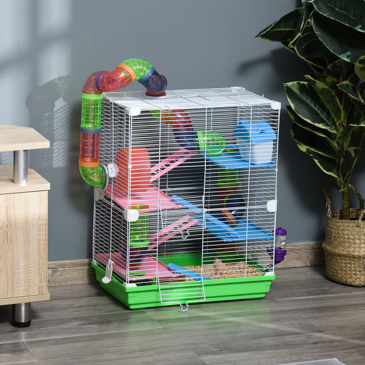Pawhut 18" 5 Tier Hamster Cage With Tubes And Tunnels, Small Animal Cage With Portable Carry Handle, Rat Gerbil Cage With Water Bottle, Food Dish, Exercise Wheel