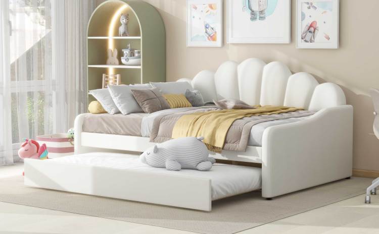 Full Size Upholstery Daybed Frame With Shall Shaped Backrest And Trundle,White