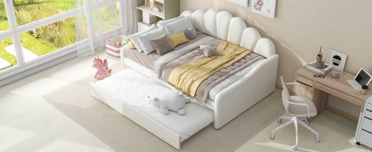 Full Size Upholstery Daybed Frame With Shall Shaped Backrest And Trundle,White
