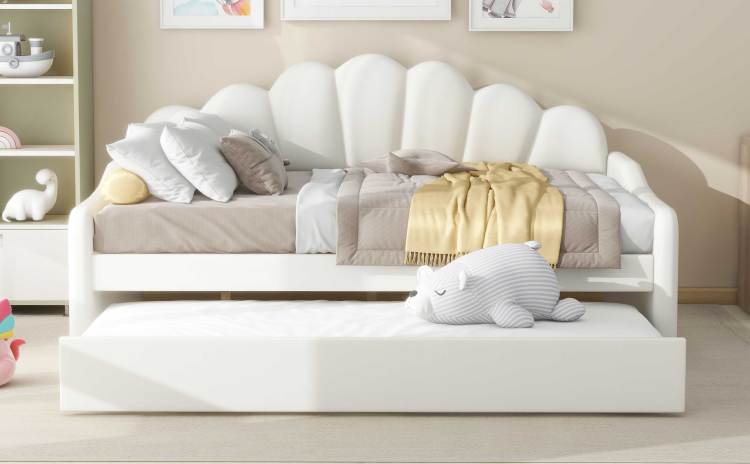 Full Size Upholstery Daybed Frame With Shall Shaped Backrest And Trundle,White