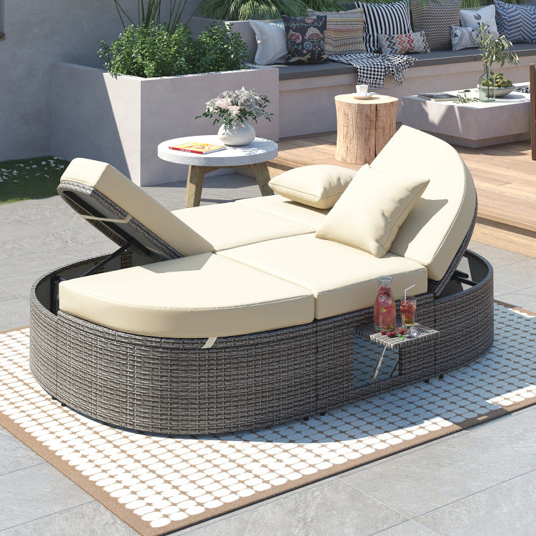 Outdoor Sun Bed Patio 2 Person Daybed With Cushions And Pillows, Rattan Garden Reclining Chaise Lounge With Adjustable Backrests And Foldable Cup Trays For Lawn, Poolside, Beige