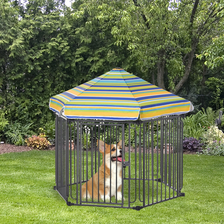 Pawhut 48" X 41" Heavy Duty Metal Dog Playpen, Outdoor Pet Cage Kennel, Puppy Exercise Fence Barrier With Weather Resistant Polyester Roof, Locking Door, & Metal Frame