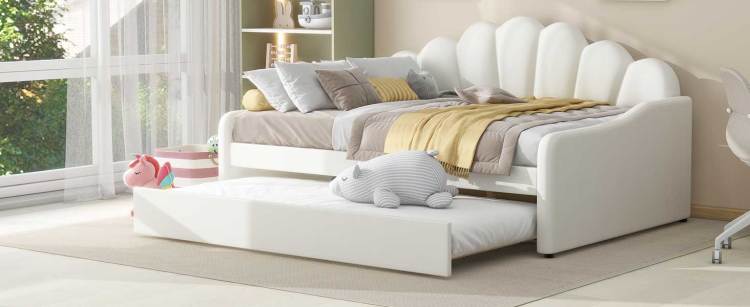 Full Size Upholstery Daybed Frame With Shall Shaped Backrest And Trundle,White