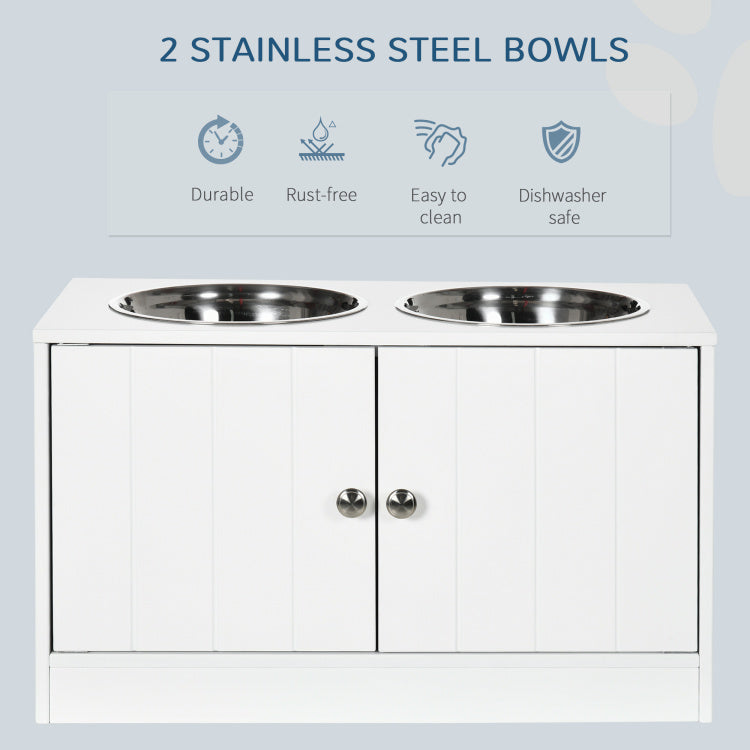 Pawhut Large Elevated Dog Bowls With Storage Cabinet Containing Large 44L Capacity, Raised Dog Bowl Stand Pet Food Bowl Dog Feeding Station, White