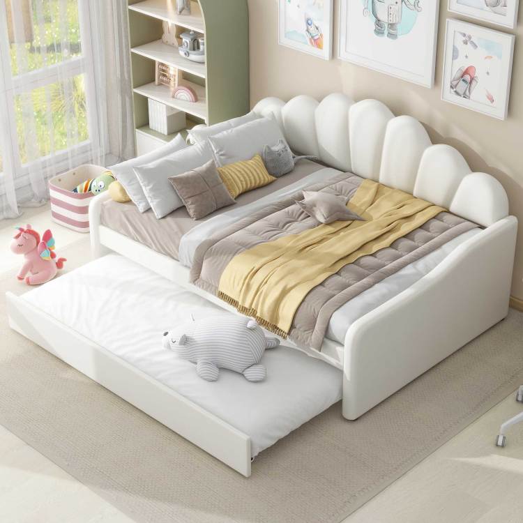 Full Size Upholstery Daybed Frame With Shall Shaped Backrest And Trundle,White