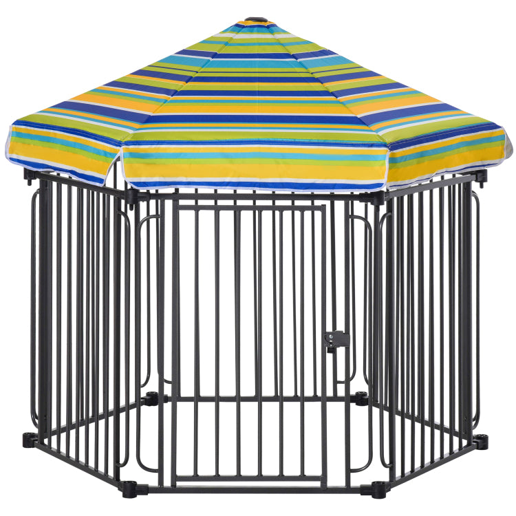 Pawhut 48" X 41" Heavy Duty Metal Dog Playpen, Outdoor Pet Cage Kennel, Puppy Exercise Fence Barrier With Weather Resistant Polyester Roof, Locking Door, & Metal Frame