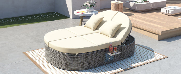 Outdoor Sun Bed Patio 2 Person Daybed With Cushions And Pillows, Rattan Garden Reclining Chaise Lounge With Adjustable Backrests And Foldable Cup Trays For Lawn, Poolside, Beige