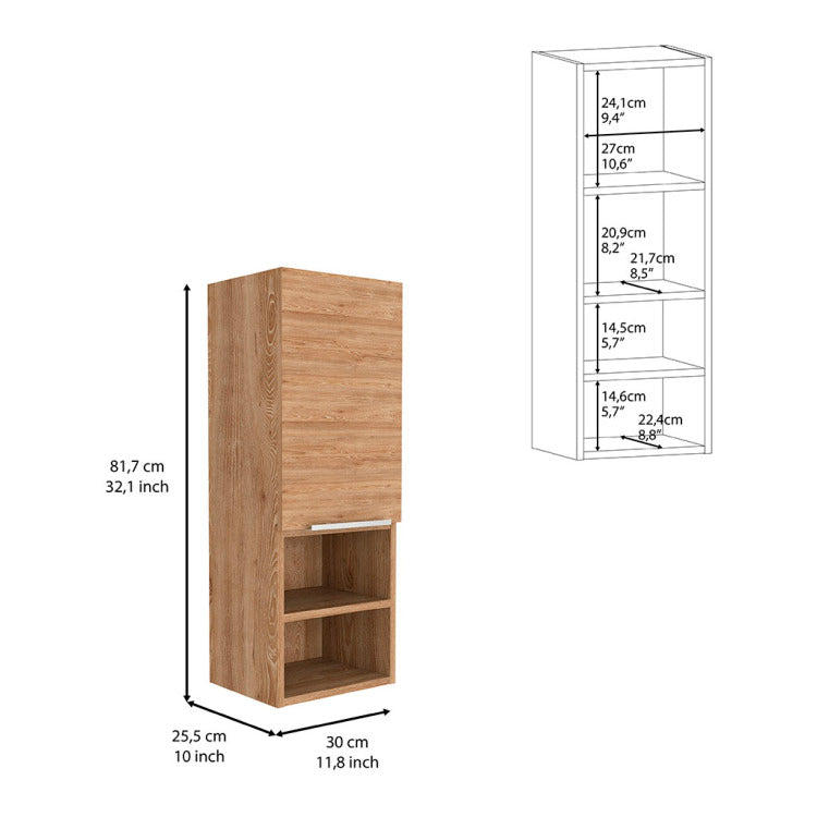 Medicine Single Door Cabinet 32" H, Two Interior Shelves, Two External Shelves, Light Oak