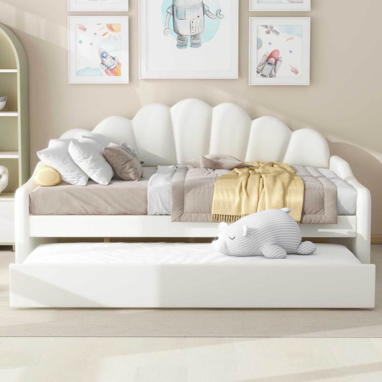Full Size Upholstery Daybed Frame With Shall Shaped Backrest And Trundle,White