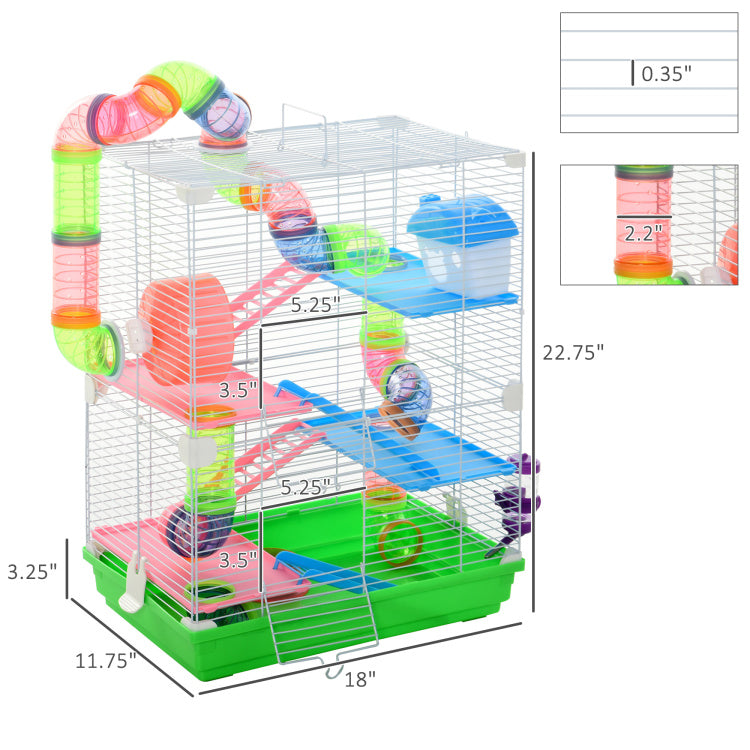 Pawhut 18" 5 Tier Hamster Cage With Tubes And Tunnels, Small Animal Cage With Portable Carry Handle, Rat Gerbil Cage With Water Bottle, Food Dish, Exercise Wheel