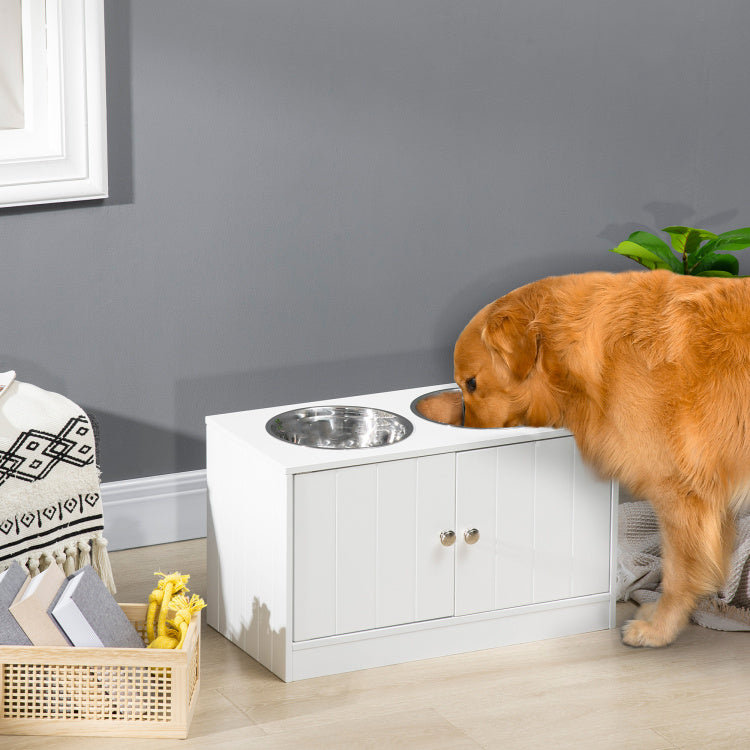 Pawhut Large Elevated Dog Bowls With Storage Cabinet Containing Large 44L Capacity, Raised Dog Bowl Stand Pet Food Bowl Dog Feeding Station, White