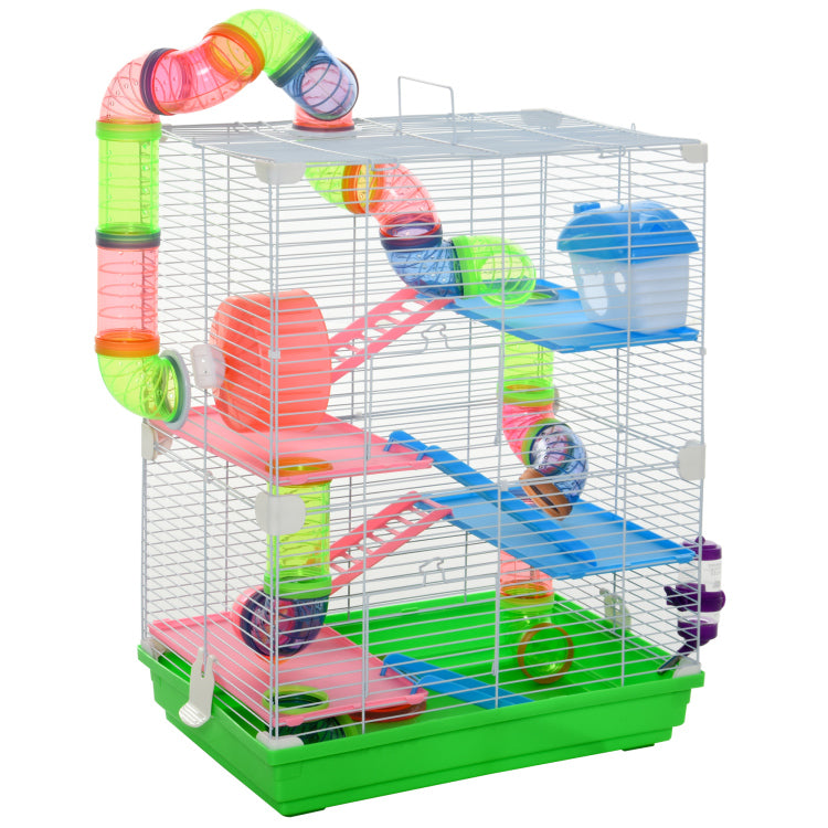 Pawhut 18" 5 Tier Hamster Cage With Tubes And Tunnels, Small Animal Cage With Portable Carry Handle, Rat Gerbil Cage With Water Bottle, Food Dish, Exercise Wheel