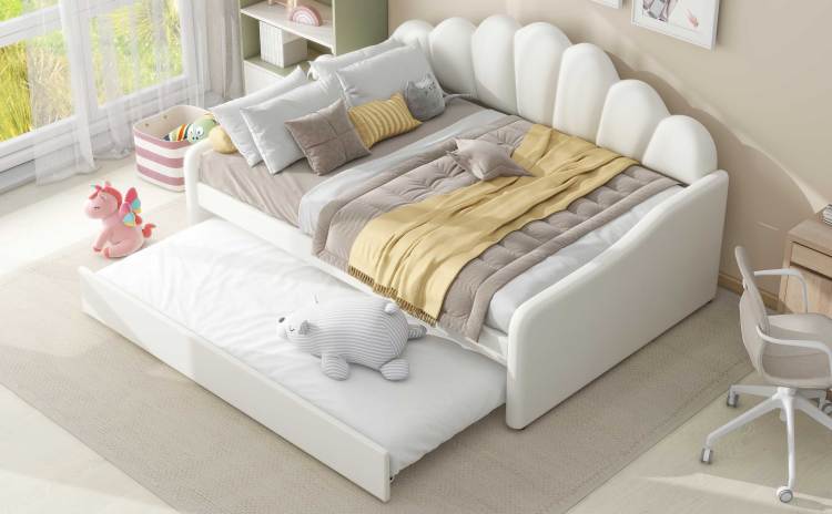 Full Size Upholstery Daybed Frame With Shall Shaped Backrest And Trundle,White