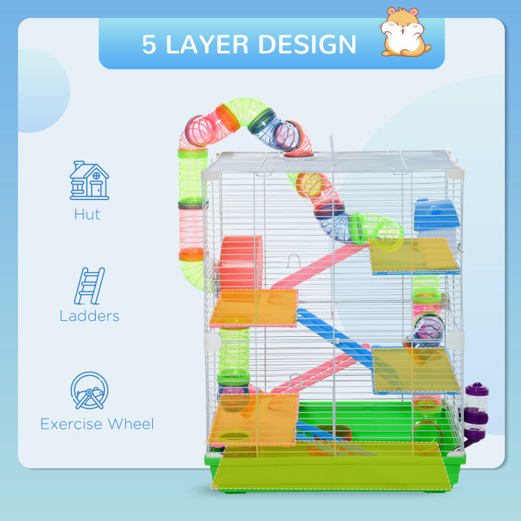 Pawhut 18" 5 Tier Hamster Cage With Tubes And Tunnels, Small Animal Cage With Portable Carry Handle, Rat Gerbil Cage With Water Bottle, Food Dish, Exercise Wheel