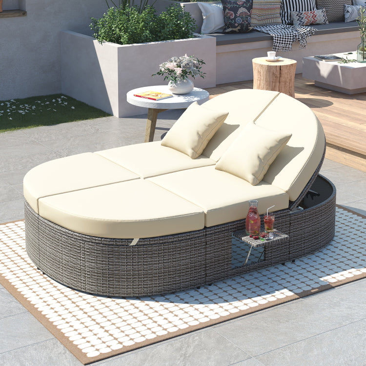 Outdoor Sun Bed Patio 2 Person Daybed With Cushions And Pillows, Rattan Garden Reclining Chaise Lounge With Adjustable Backrests And Foldable Cup Trays For Lawn, Poolside, Beige