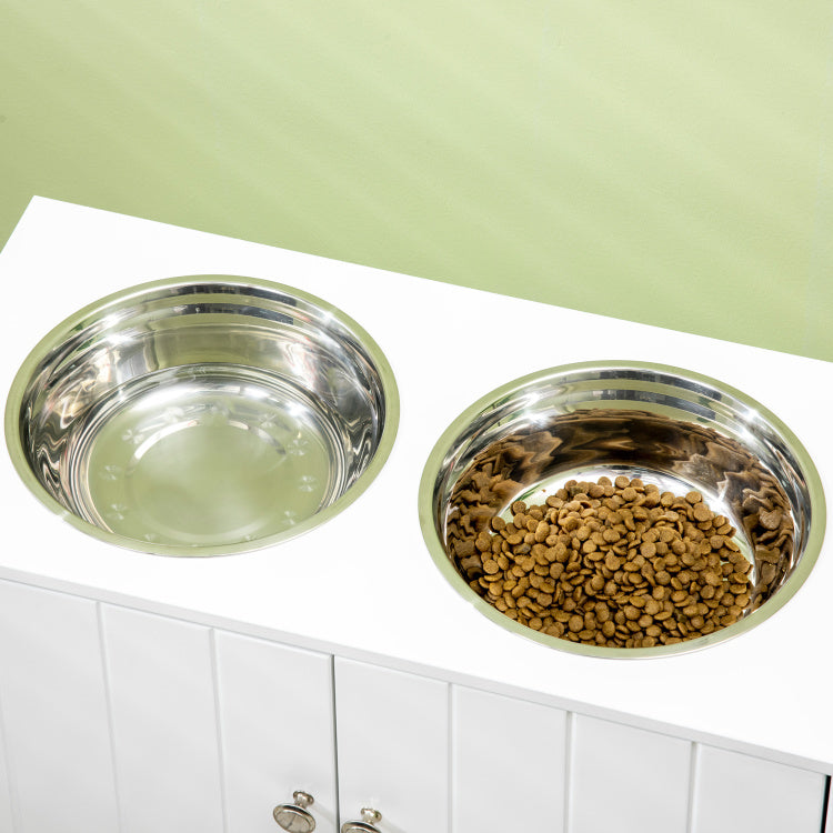 Pawhut Large Elevated Dog Bowls With Storage Cabinet Containing Large 44L Capacity, Raised Dog Bowl Stand Pet Food Bowl Dog Feeding Station, White