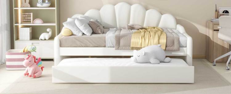 Full Size Upholstery Daybed Frame With Shall Shaped Backrest And Trundle,White