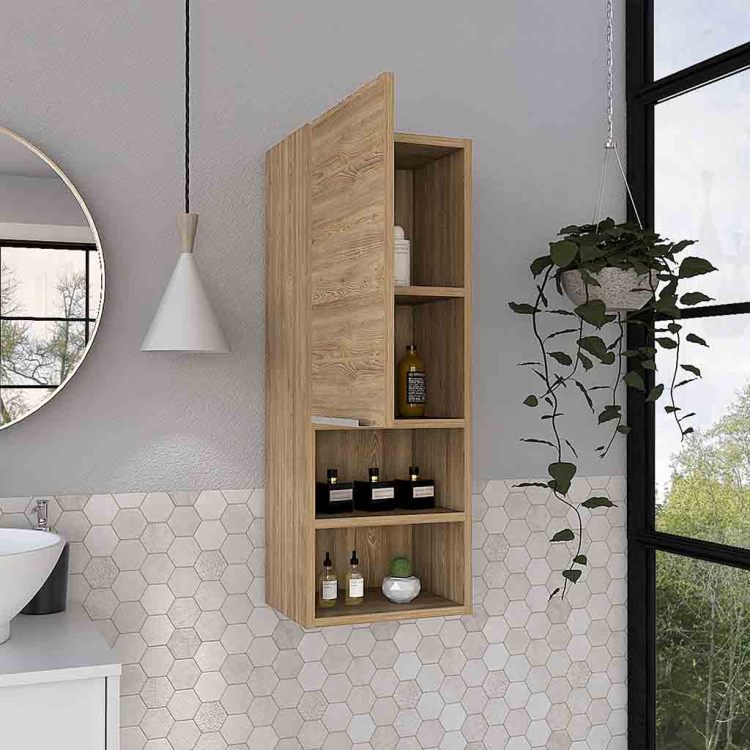 Medicine Single Door Cabinet 32" H, Two Interior Shelves, Two External Shelves, Light Oak
