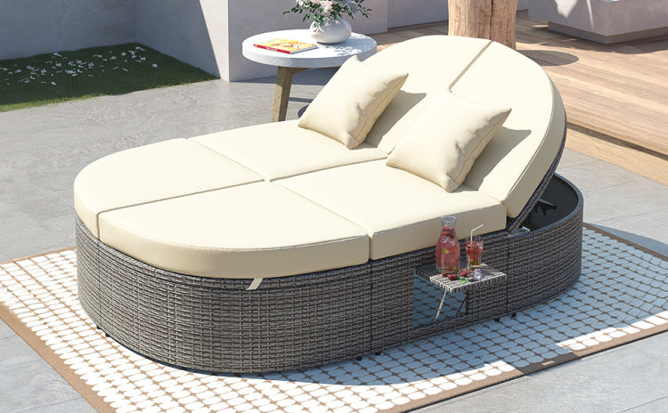 Outdoor Sun Bed Patio 2 Person Daybed With Cushions And Pillows, Rattan Garden Reclining Chaise Lounge With Adjustable Backrests And Foldable Cup Trays For Lawn, Poolside, Beige
