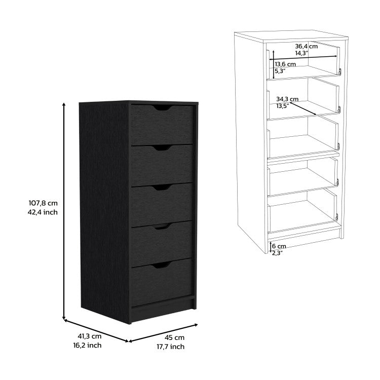 Dresser 42"H, 5 Drawers , Slim Storage Chest Of Drawers, Black