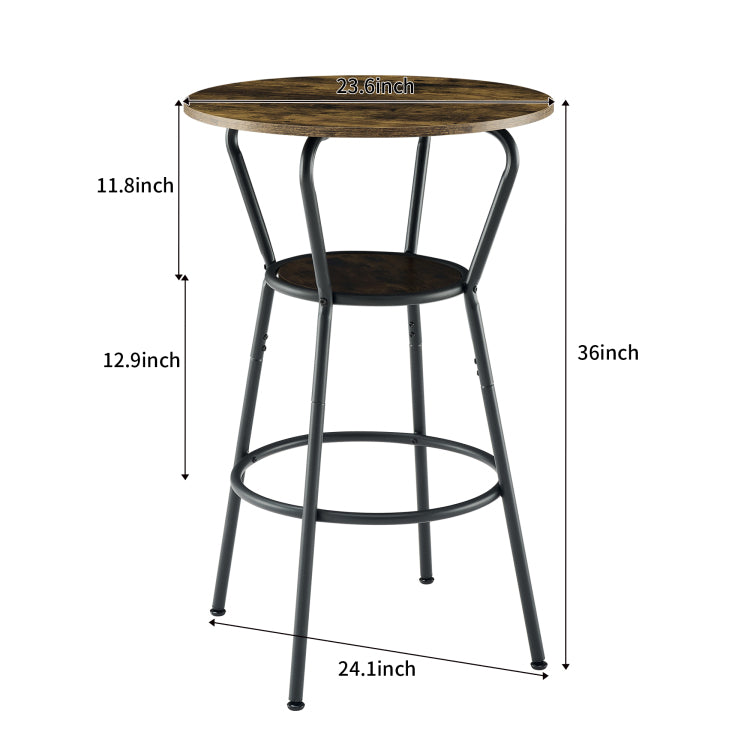 Round Bar Table And Stool Set With Shelf, Upholstered Stool With Backrest, Rustic Brown, 24.17"W X 24.17"D X 36.02"H