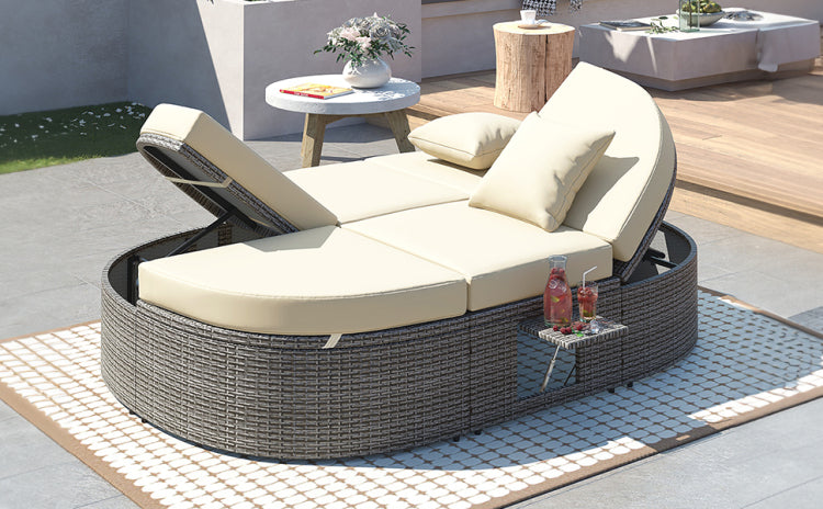 Outdoor Sun Bed Patio 2 Person Daybed With Cushions And Pillows, Rattan Garden Reclining Chaise Lounge With Adjustable Backrests And Foldable Cup Trays For Lawn, Poolside, Beige