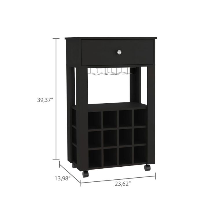 39" H Black Bar Coffee Cart, Kitchen Or Living Room Cabinet Storage, With 12 Bottle Racks, A Central Shelf With 1 Cup Holders, 1 Drawer Ideal For Storing Small Things