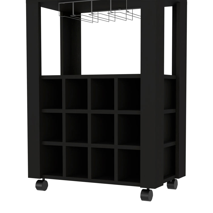 39" H Black Bar Coffee Cart, Kitchen Or Living Room Cabinet Storage, With 12 Bottle Racks, A Central Shelf With 1 Cup Holders, 1 Drawer Ideal For Storing Small Things