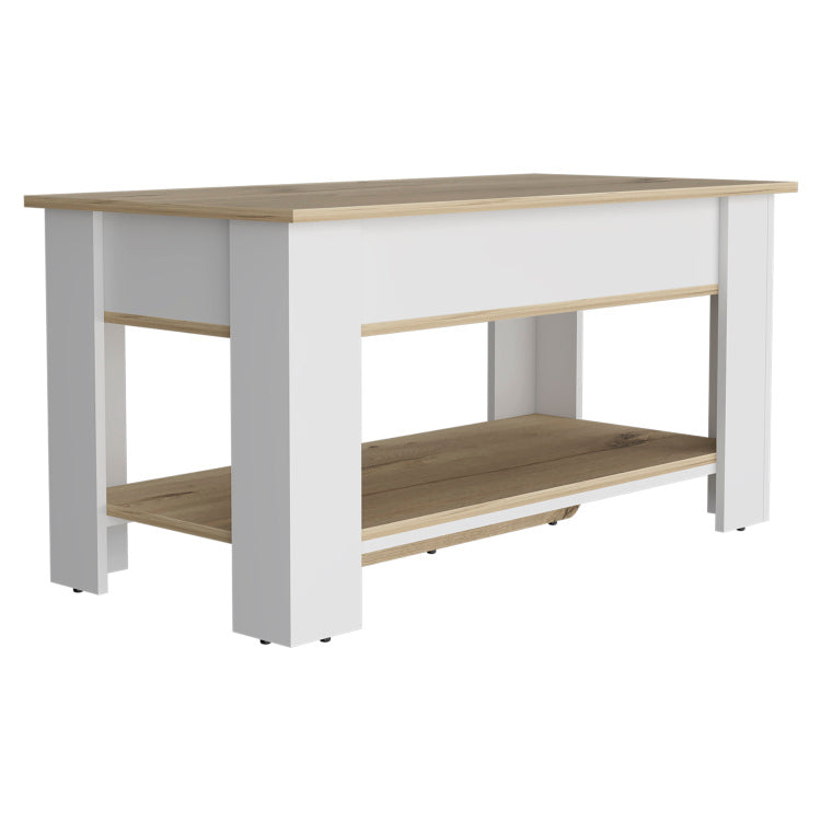 Storage Table, Four Legs, Lower Shelf, Light Oak White