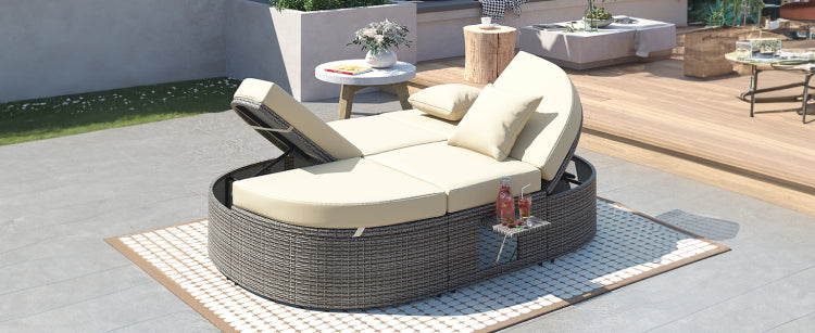 Outdoor Sun Bed Patio 2 Person Daybed With Cushions And Pillows, Rattan Garden Reclining Chaise Lounge With Adjustable Backrests And Foldable Cup Trays For Lawn, Poolside, Beige