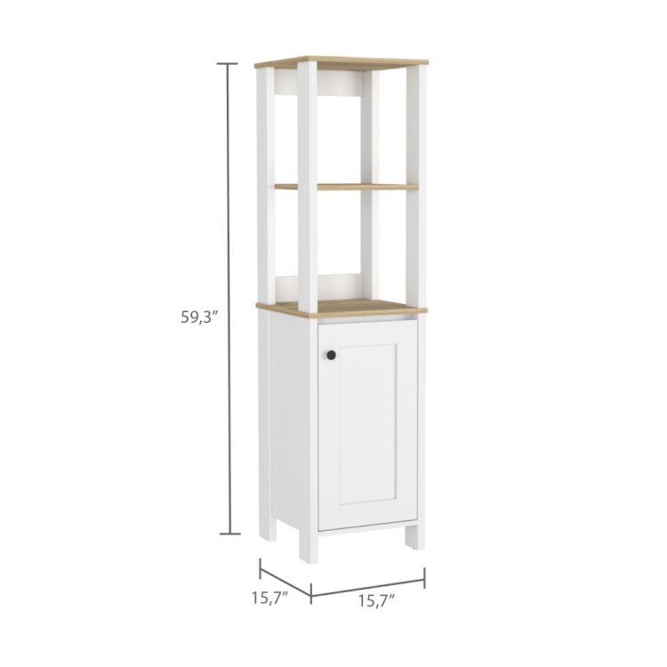 Linen Single Door Cabinet 59" H, Two Interior Shelves, Two Open Shelves, Light Oak White