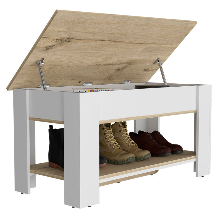 Storage Table, Four Legs, Lower Shelf, Light Oak White