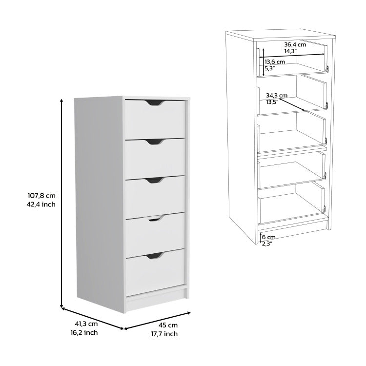 Dresser 42"H, 5 Drawers , Slim Storage Chest Of Drawers, White
